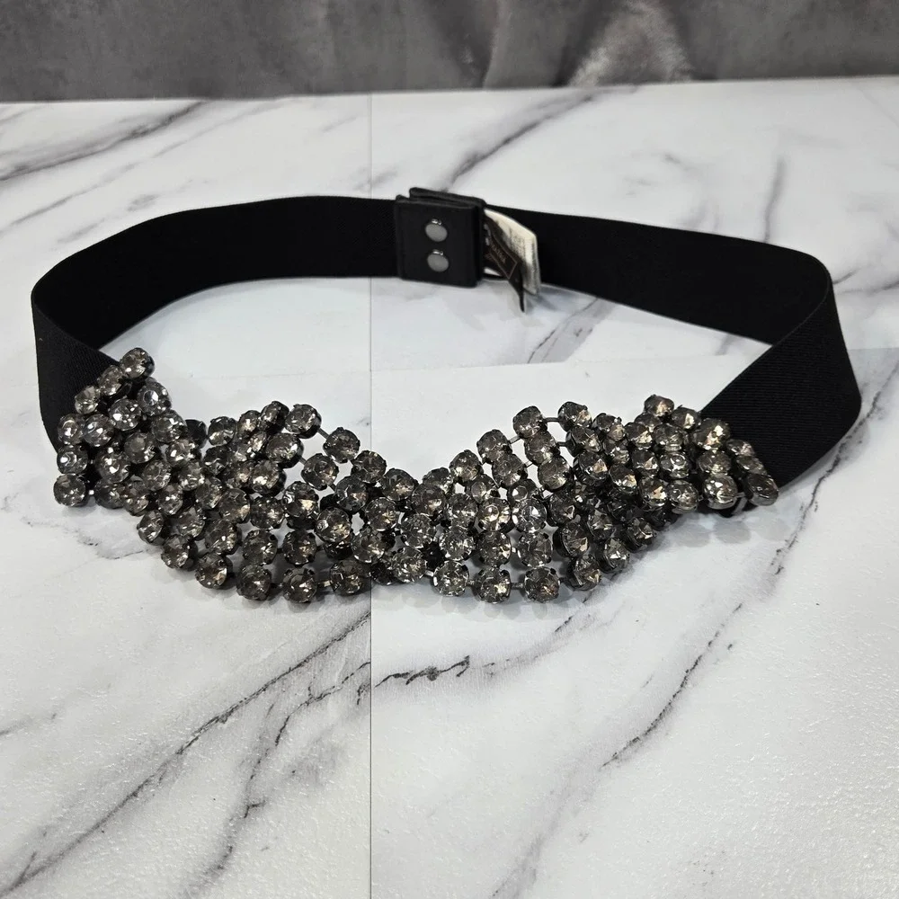 BCBGMAXAZRIA Waist Belt Medium Black Rhinestone Crystal Mesh Elastic Stretch